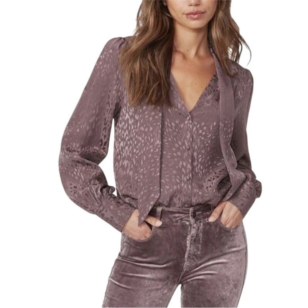 *Like New* PAIGE Mauve 100% Silk Blouse with Tie-Neck in Jacquard Animal Print